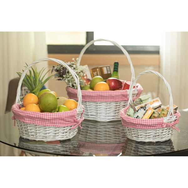 White Round Willow Gift Basket, With Pink And White Gingham Liner And Handles, Set Of 3